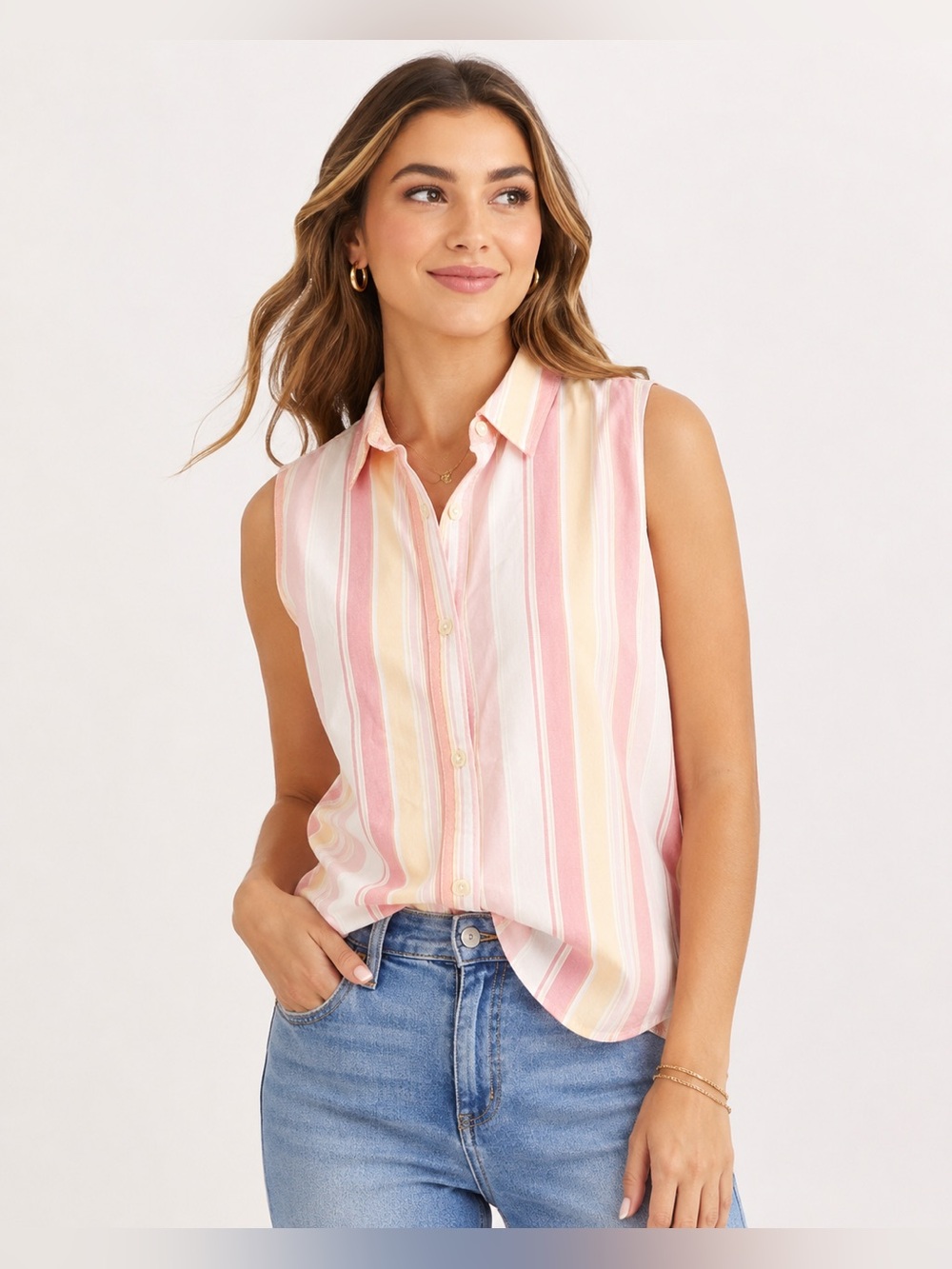 L.L.Bean Sleeveless Striped Button Front Cotton Shirt Small